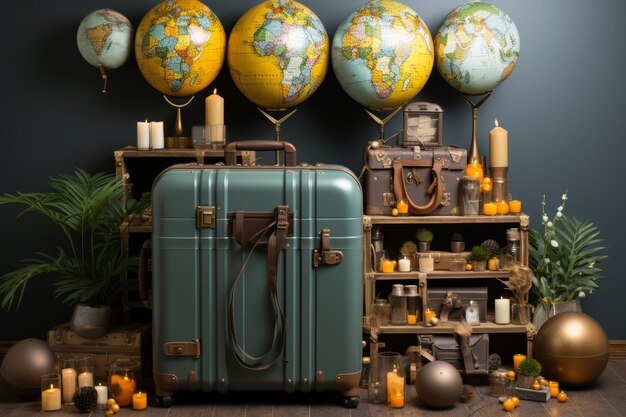 Fête sur le thème du voyage avec des cartes de valises globe qui suscitent l'envie de voyager et l'aventure. IA générative