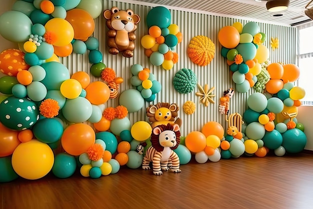 Une fête sur le thème de la jungle avec des ballons et un tigre.