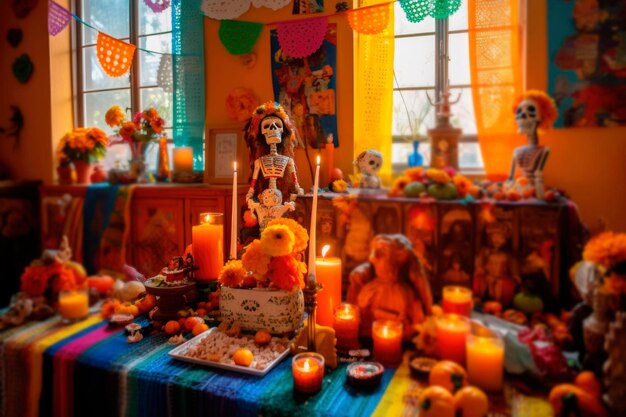 Fête traditionnelle mexicaine de dia de Muertos célébration avec de nombreuses bougies Autel avec crâne humain peint pour le jour des morts décoré de citrouilles et de fleurs sur la table générée par l'IA