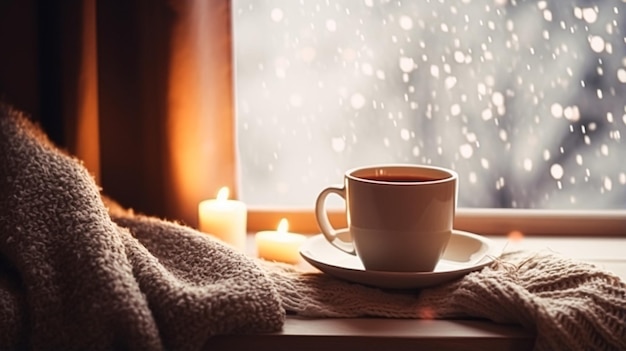 Photo fêtes d'hiver calme et confortable à la maison tasse de thé ou de café tasse et couverture tricotée près de la fenêtre dans l'atmosphère de vacances de la campagne anglaise