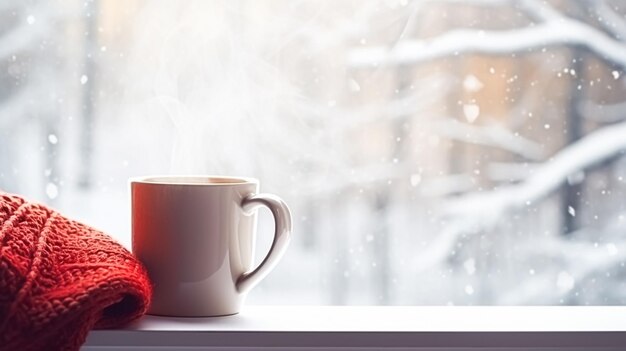 Photo fêtes d'hiver calme et confortable à la maison tasse de thé ou de café tasse et couverture tricotée près de la fenêtre dans l'atmosphère de vacances de la campagne anglaise