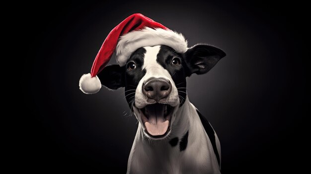 Photo des fêtes joyeuses, une vache noire et blanche portant un chapeau de père noël ajoutant un peu d'humour de noël.