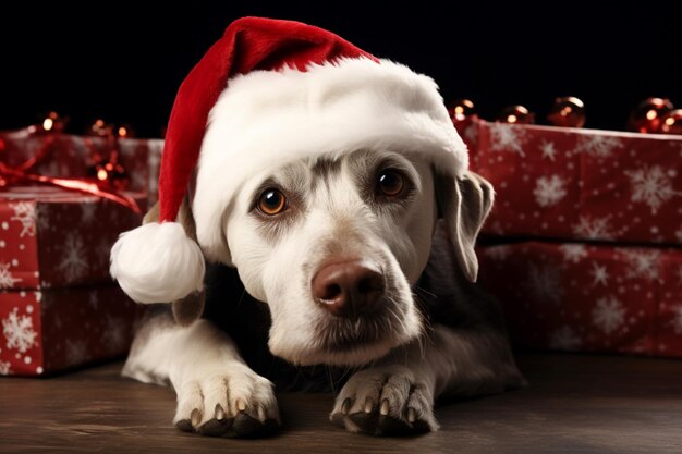 Photo fêtes de noël avec un adorable chien célébrant avec des décorations festives et de la joie de fête