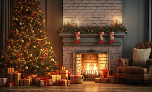 Fêtes de Noël dans la chambre avec cheminée Arbre de Noël et cadeaux dans la chambre décorée pour les vacances d'hiver