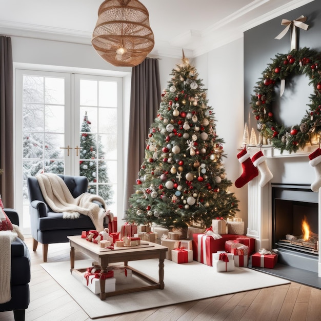 Fêtes de Noël élégantes dans le salon d'une maison familiale avec des décorations de Noël