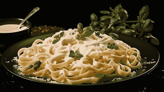 Photo fettuccine alfredo avec fromage parmesan isolé sur fond noir