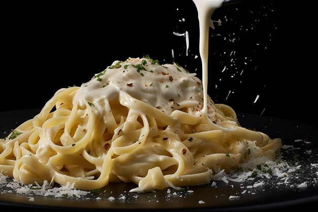 Fettuccine alfredo avec fromage parmesan isolé sur fond noir