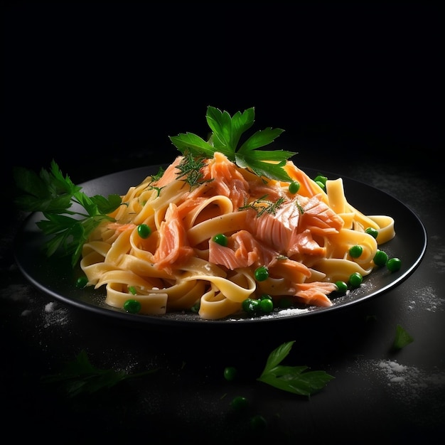 Fettuccine au saumon fumé et persil IA générative