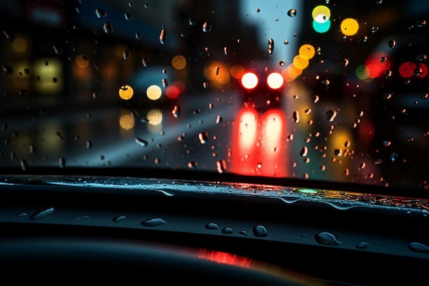 Feu d'arrêt vu à travers la fenêtre de la voiture mouillée pendant la saison des pluies