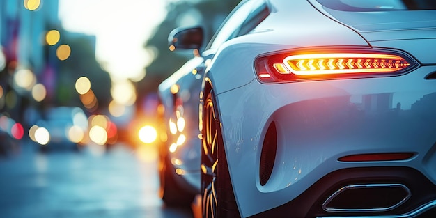 feu arrière de la nouvelle voiture moderne blanche garée dans la rue en ville à proximité