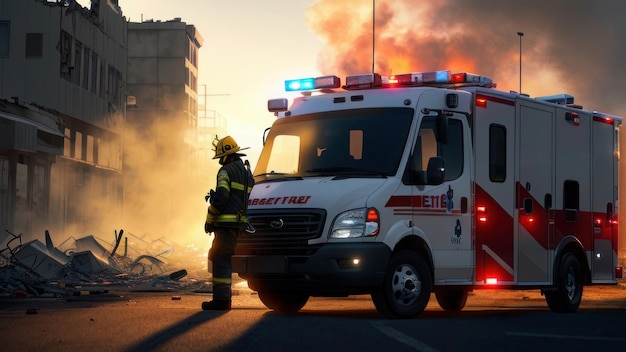 Feu à l'arrière-plan d'une ambulance avec feu à l'arrière-plan