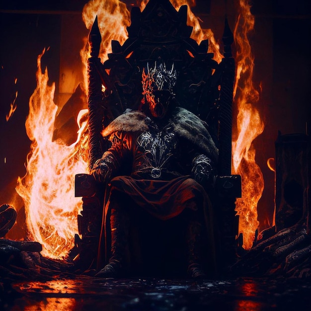 Un feu en arrière-plan montre un roi assis sur un trône.