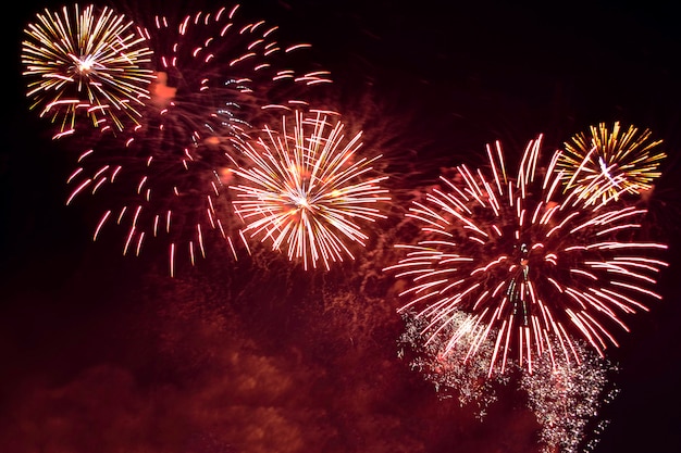 Feu d'artifice coloré de variété sur le fond de ciel nocturne. Saluez avec des éclats d'or et de rouge.