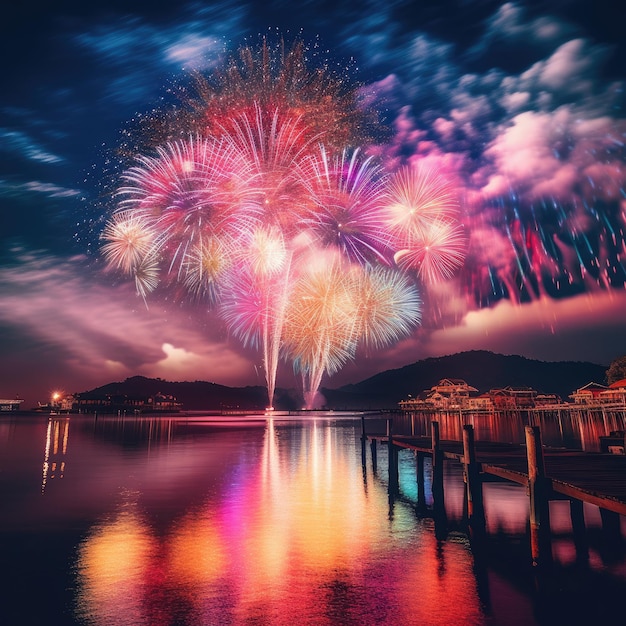 Un feu d'artifice est allumé la nuit avec une jetée en arrière-plan.