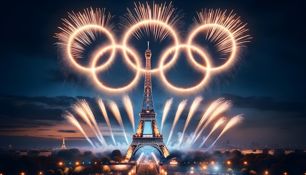 Photo un feu d'artifice spectaculaire en forme d'anneaux olympiques au-dessus de la tour eiffel marque la cérémonie d'ouverture des jeux olympiques de paris 2024