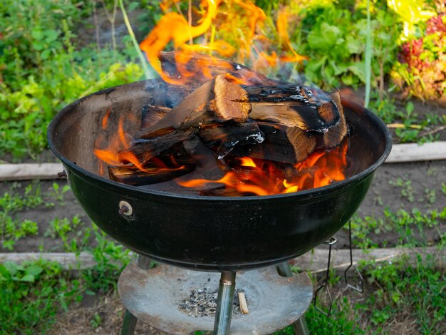 Feu de barbecue fraîchement allumé avec des bûches de bois brûlant sur de petits copeaux de bois d'allumage dans un barbecue portable