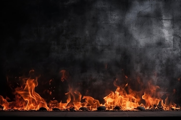 Feu avec beaucoup de flammes devant un mur de béton sombre