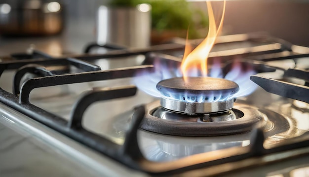 Feu bleu provenant d'un poêle de cuisine domestique Cuisinière à gaz avec des flammes de gaz propane