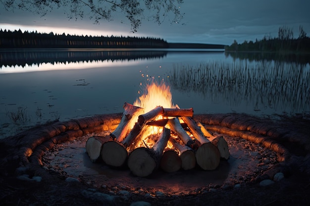 Un feu de bois dans la grille au bord du lac