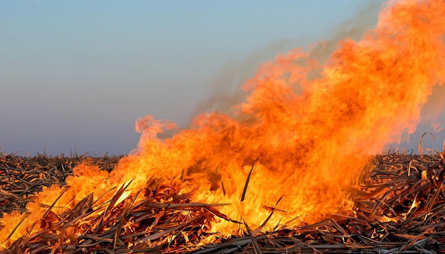 Un feu brûlant au milieu d'un champ de canne à sucre.