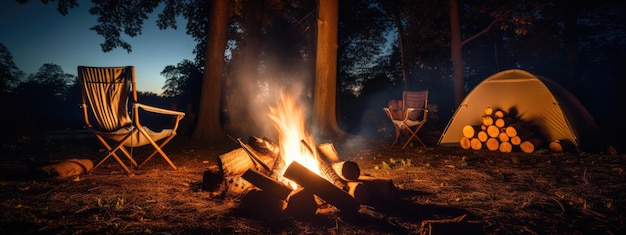 Feu brûlant à côté de la tente la nuit dans la campagne