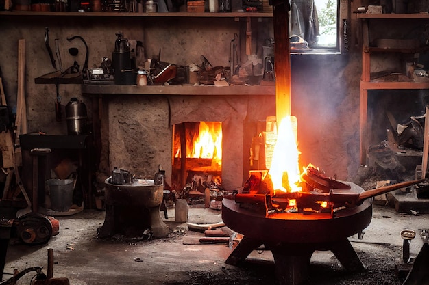 Feu brûlant dans une ancienne forge avec divers objets et enclume