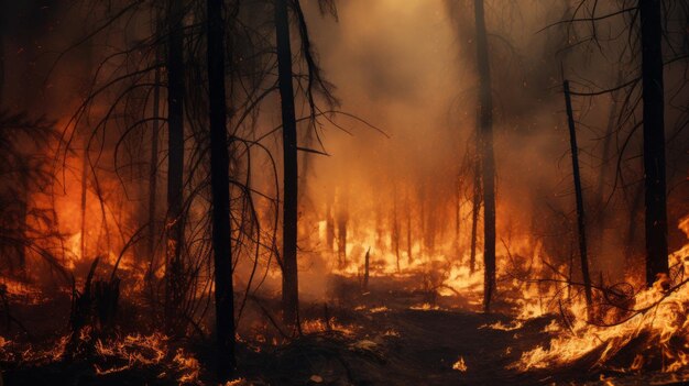 Un feu brûlant dans une forêt remplie d'arbres