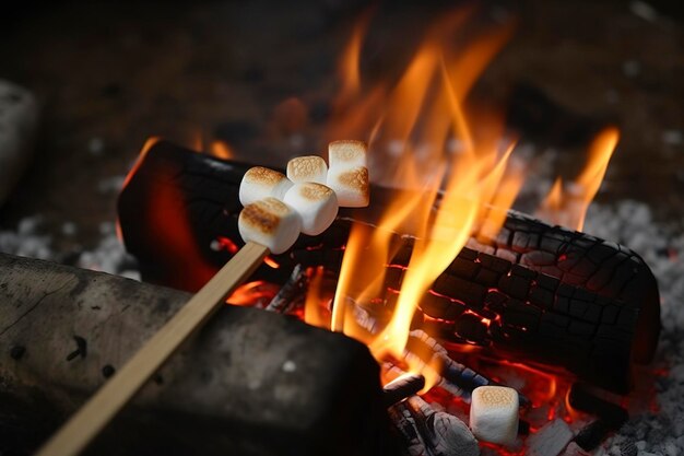 Un feu brûlant dans un gril compact bûches de bois englouti dans des flammes rouges libre de faire frire des guimauves sur le feu la fumée monte concept de fête amusante cuisine délicatesse à l'extérieur générer de l'ai