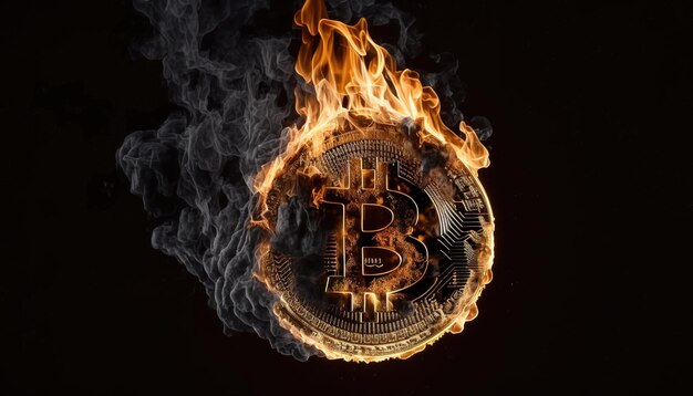 Un feu brûlant avec un symbole de la crypto-monnaie dessus