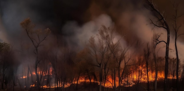 Un feu brûle dans les bois la nuit.