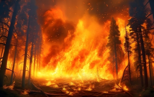 Un feu brûle dans une forêt avec un feu en arrière-plan.