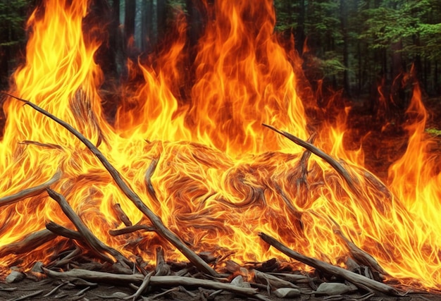 Un feu brûle dans la forêt avec le mot feu en bas.