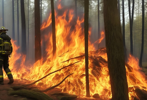 Un feu brûle dans une forêt avec le mot feu en bas.