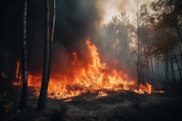 Un feu brûle dans la forêt avec le mot feu sur le côté.