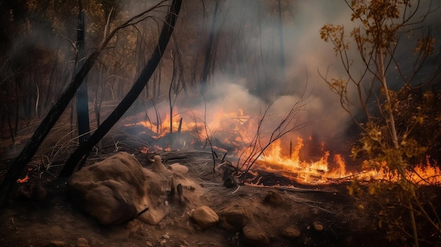 Un feu brûle dans la forêt avec le mot feu sur la gauche.