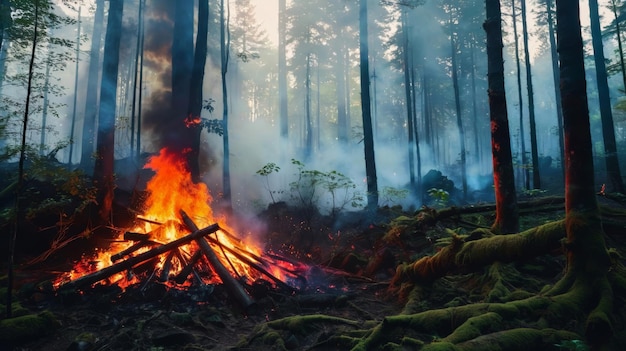 Le feu brûle dans la forêt