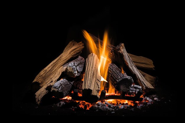 Un feu brûle dans une pièce sombre avec le mot feu en bas