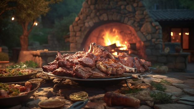 Un feu brûle devant un feu avec de la viande dessus.