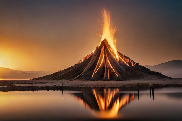 un feu brûle devant une montagne au coucher du soleil.