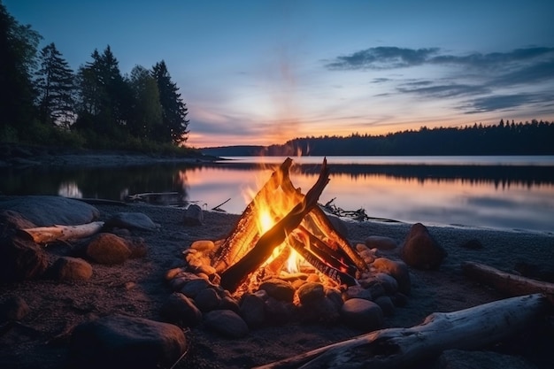 feu de camp arafé sur le rivage d'un lac au coucher du soleil