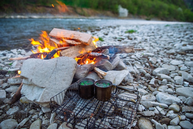 Feu de camp au bord de la rivière dans les carpates