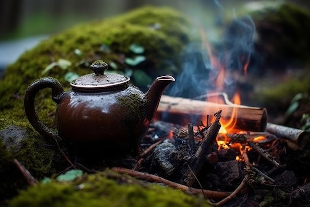 Un feu de camp avec une bouilloire dessus à côté d'un feu de camp.