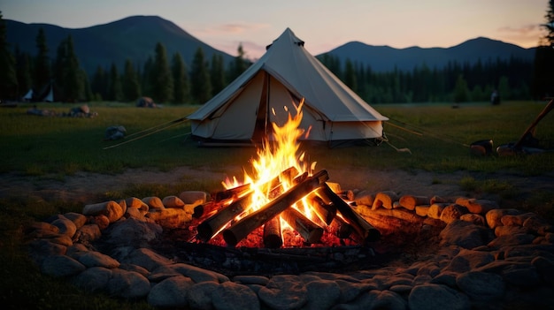 Un feu de camp brûle près de la tente Teepee dans un champ