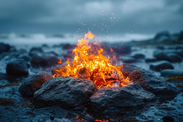 un feu de camp crépitant sur une plage de sable photographie professionnelle