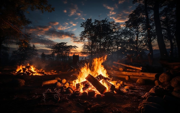 Un feu de camp dans les bois la nuit AI