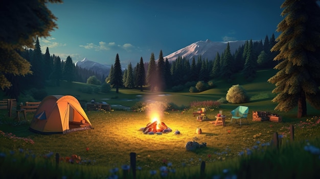 Un feu de camp dans un champ avec des montagnes en arrière-plan