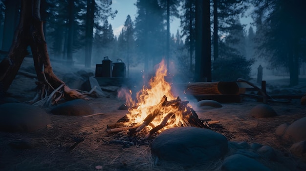 Un feu de camp dans une forêt avec un arbre en arrière-plan.