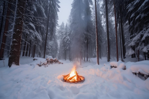 Feu de camp entouré d'arbres enneigés dans la forêt d'hiver