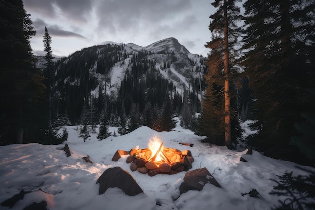 Feu de camp entouré d'arbres enneigés et de montagnes au loin