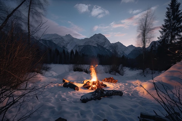 Feu de camp entouré d'arbres enneigés et de montagnes au loin